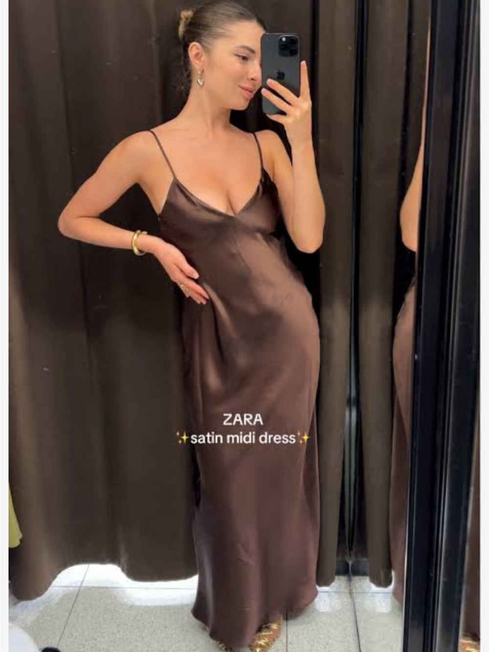 ZARA Chocolate Satin Slip Midi Dress